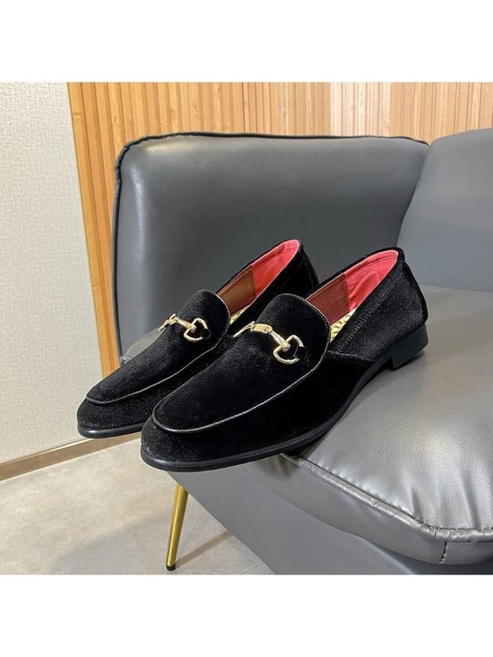 LCQL Men\'s Black Leather Velvet Loafer Gold Buckle Slip On Comfortable Shoes main image 5
